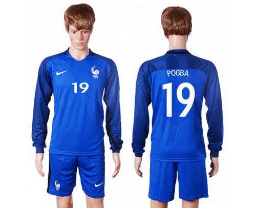 France #19 Pogba Home Long Sleeves Soccer Country Jersey